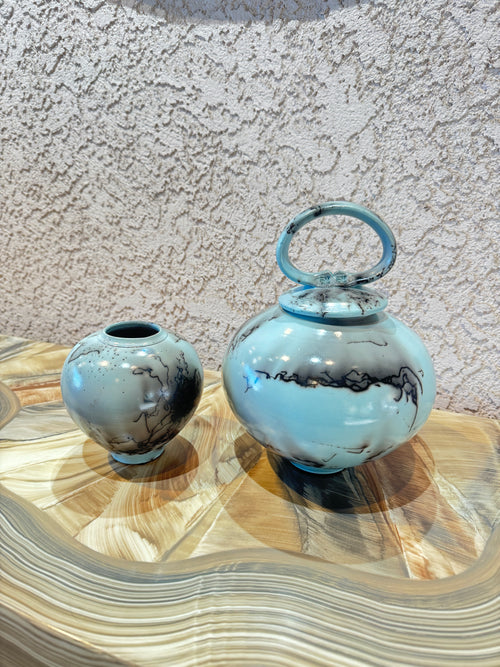 Horsehair Lidded Pot - Light Blue Color