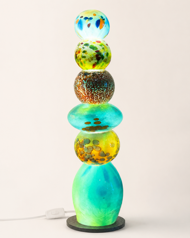 22 inch aqua handblown glass light tower with LED light and colorful illuminated glass