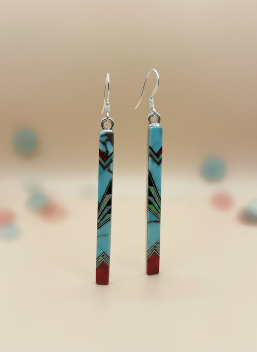 Turquoise, Spiny Oyster, Black Jade & Opal Long Stick Earrings