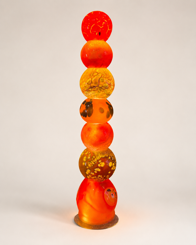 25.5 inch handblown glass light tower with red orange and amber illuminated glass