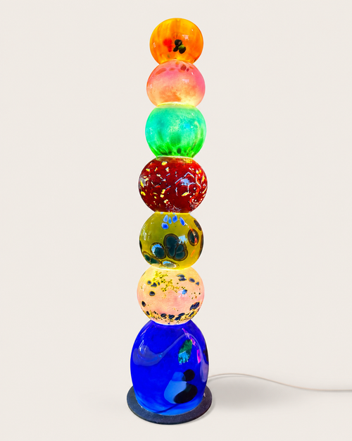25 inch multicolor handblown glass light tower with LED light and cobalt blue base