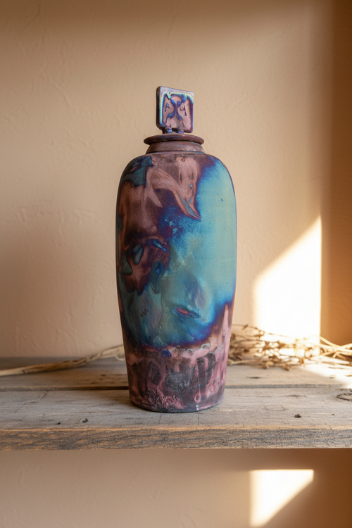 Raku Ceramic Pot with Kokopelli Lid