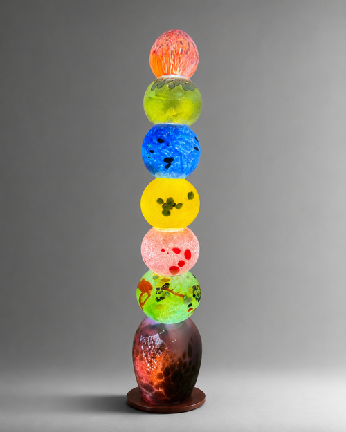 26 inch handblown glass light tower with rainbow illuminated glass and inline switch