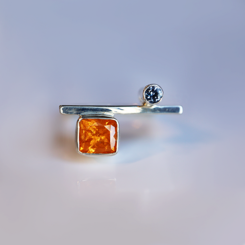 Spessartite Garnet & Sapphire Square Ring