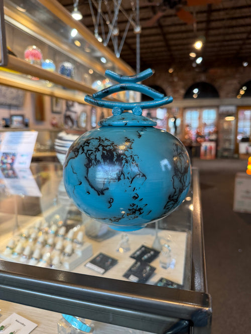 Turquoise Blue Horsehair Pottery Vessel with Lid