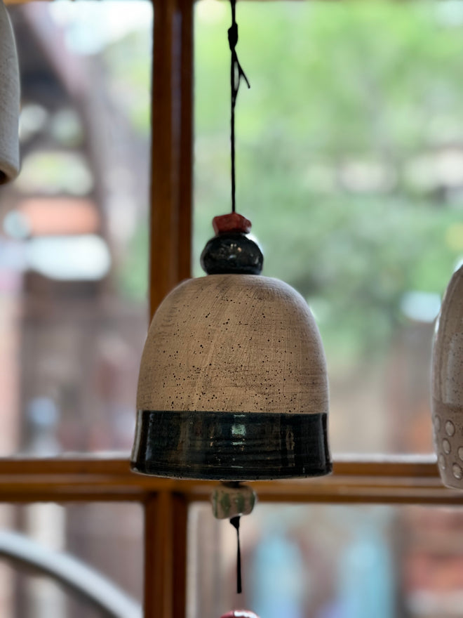 Handmade Ceramic Bell with Hanging Red Mushroom