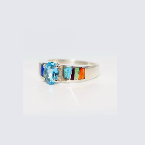 Indian Summer Blue Topaz Navajo Inlay Ring (Sterling Silver) — Custom White Gold