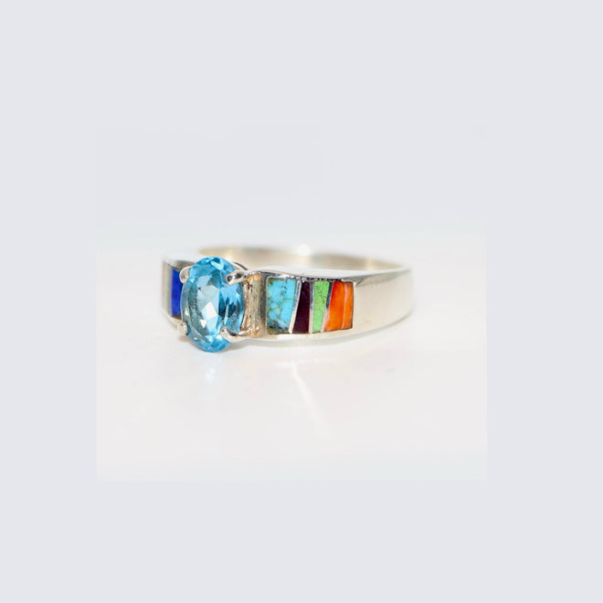 Indian Summer Blue Topaz Navajo Inlay Ring (Sterling Silver) — Custom White Gold