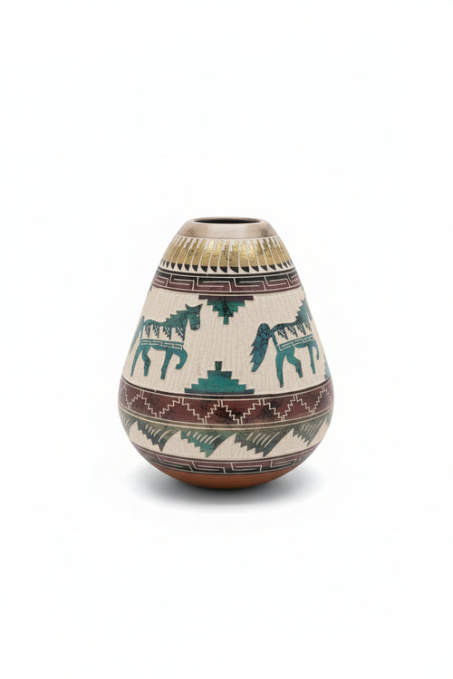 Navajo Carved Round Vase by Artist Marcus Nelson 6.5"H x 6.5"W