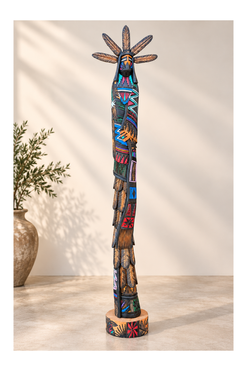 32.5-inch Navajo Kachina sculpture by Jerold Guy with five carved feathers and hand-painted cottonwood details