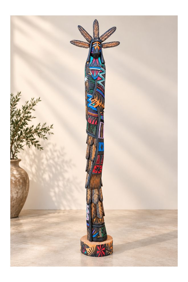 32.5-inch Navajo Kachina sculpture by Jerold Guy with five carved feathers and hand-painted cottonwood details