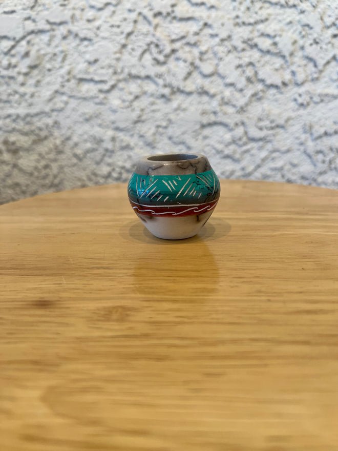 Shana Sam Horsehair Pottery – Ceramic Turquoise and Dark Red Vase