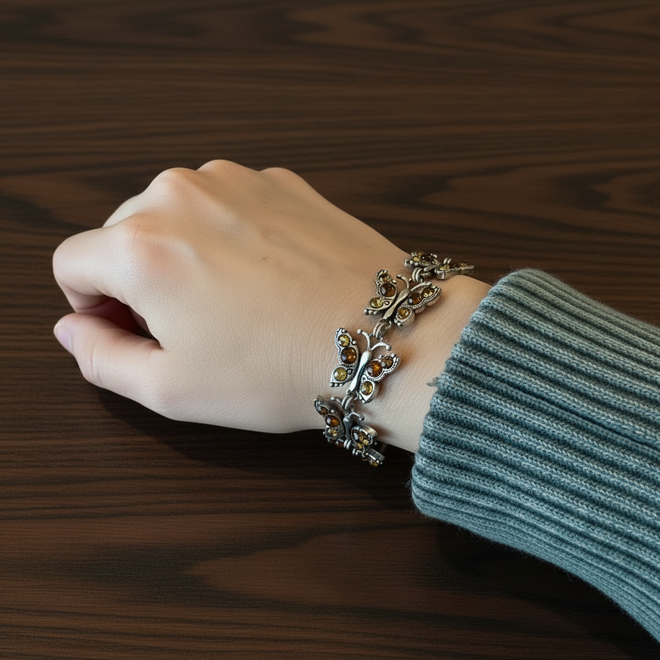Sterling Silver Amber Butterfly Bracelet