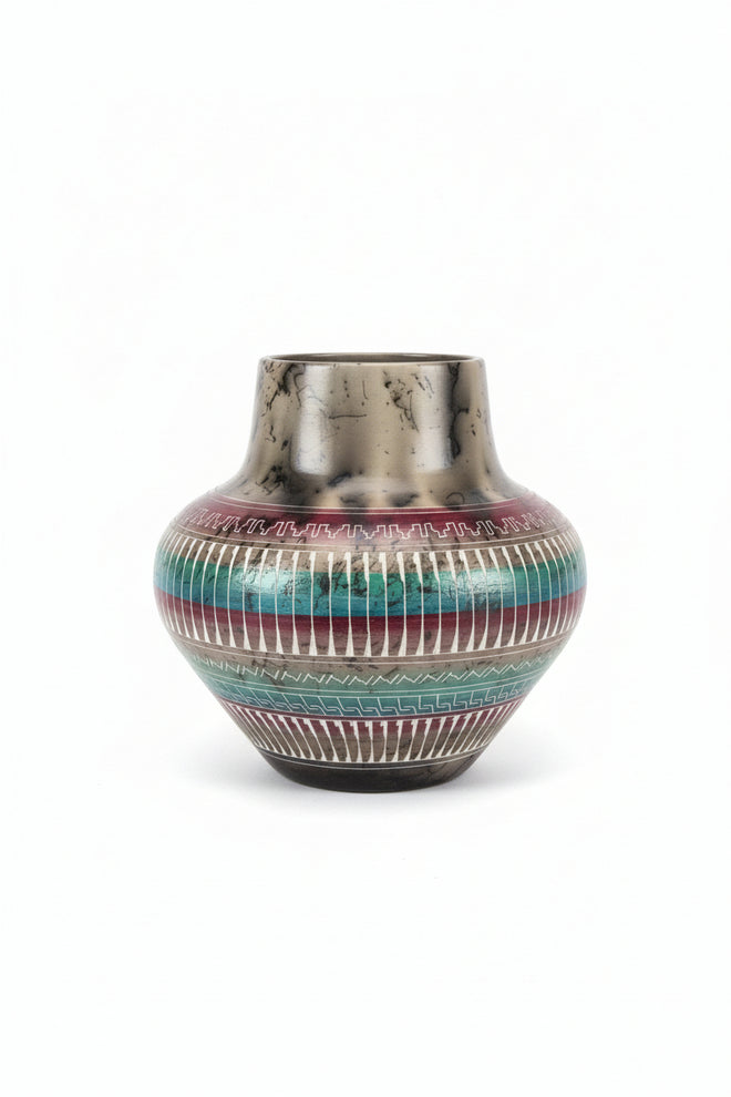 Navajo Carved Round Vase by Artist Yolanda Yazzie 6.5"H x 7"W