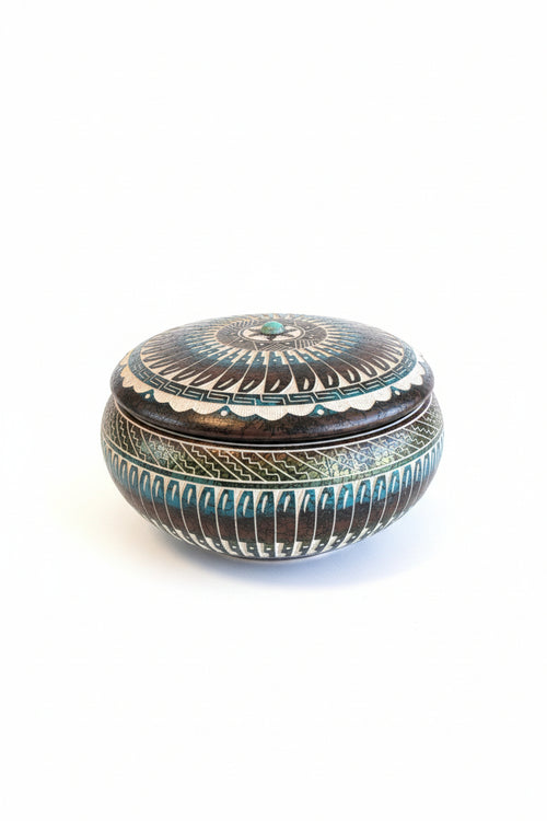 Navajo Carved Lidded Vassel by Artist Myron Charley 3"H x 5"W