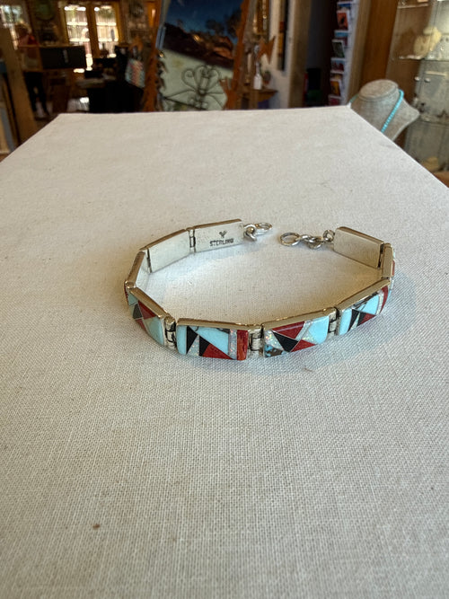 Turquoise, Spiny Oyster, Black Jade & Opal Stone Inlaid Rectangular Link Bracelet