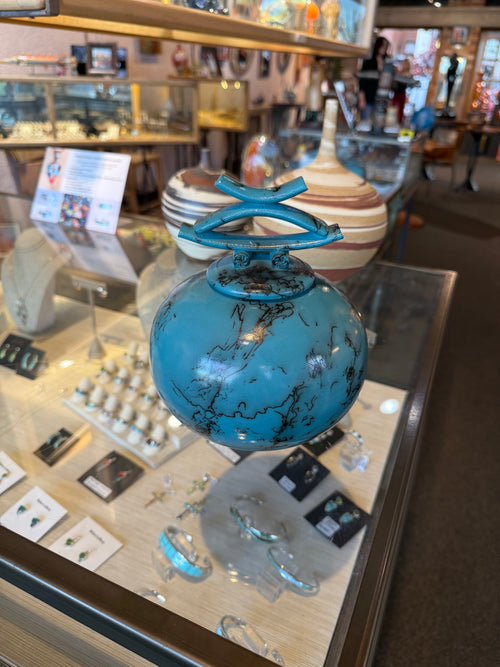 Turquoise Blue Horsehair Pottery Vessel with Lid