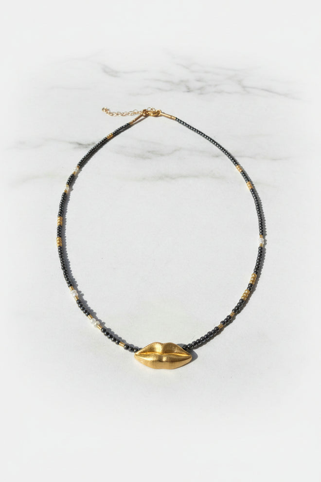 Grey Hematite Beaded Necklace with Lips Pendent