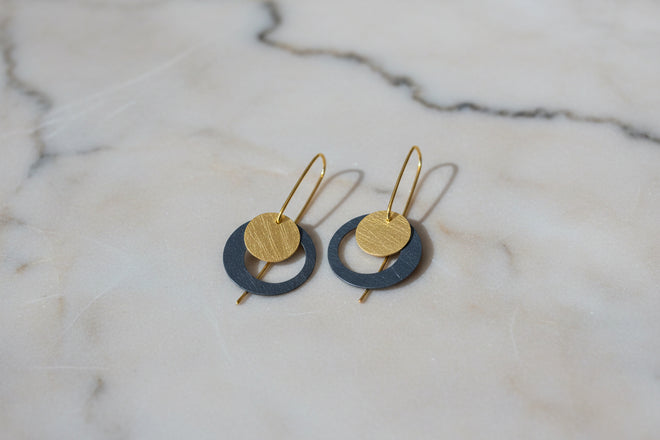Two Circle Sterling Silver Earrings - Gold & Black
