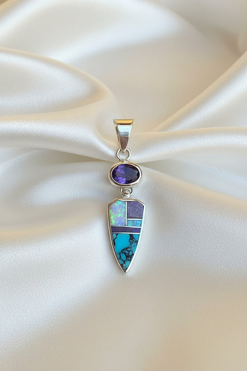 Amethyst - Turquoise, Opal & Sugilite Navajo Stone Inlaid Pendent