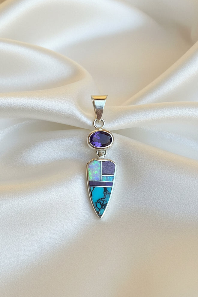 Amethyst - Turquoise, Opal & Sugilite Navajo Stone Inlaid Pendent