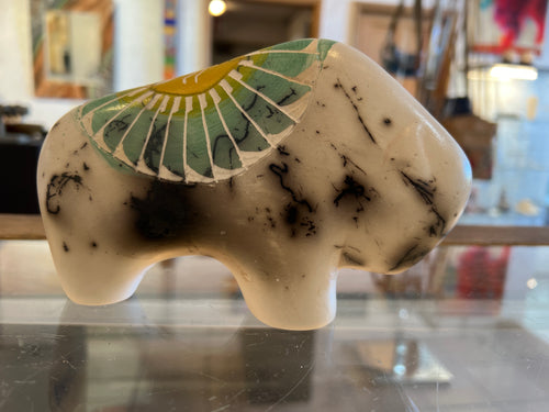 Larry Livingston Horsehair Pottery – White, Yellow and Light Turquoise Buffalo Statue