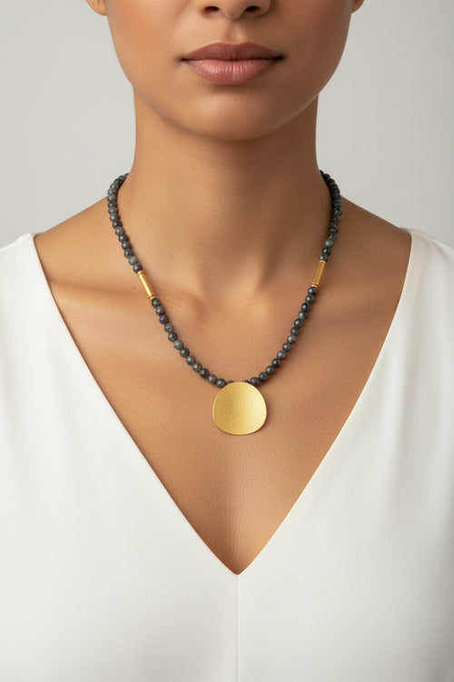 Larvikite Beaded Necklace with Round Curved Golden Pendent