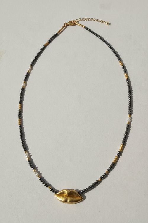 Grey Hematite Beaded Necklace with Lips Pendent