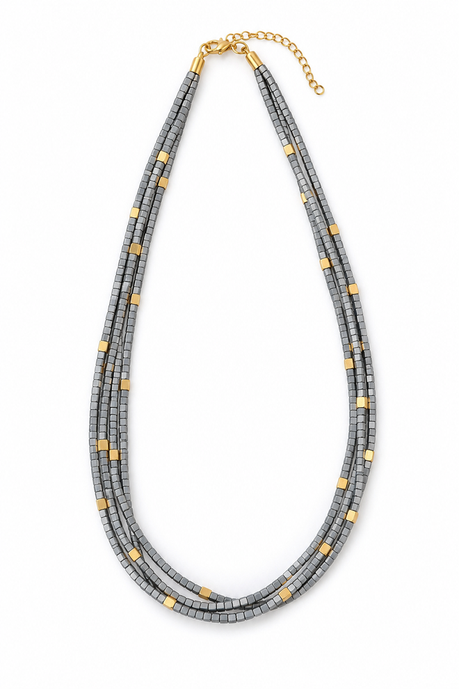 Handmade 4 strand light gray hematite necklace with 2mm square cut beads and 18K gold plated sterling silver accent beads, adjustable 18 to 20 inch layered necklace.