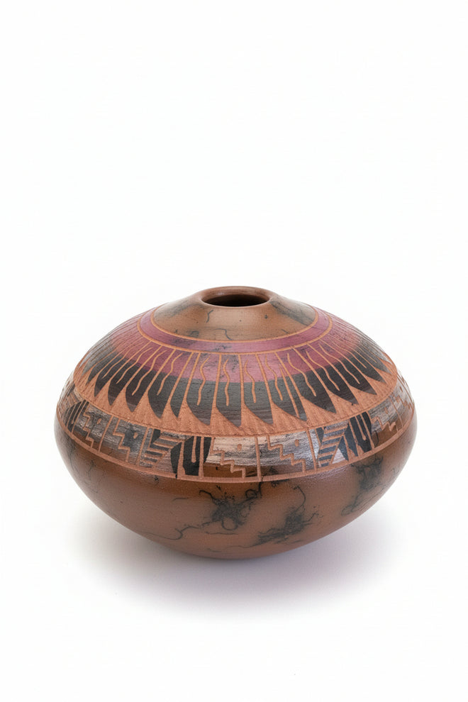 Navajo Carved Round Vase by Artist Manuel Brieno 4"H x 5.5"W