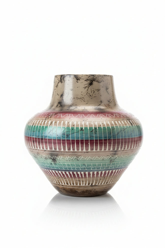 Navajo Carved Round Vase by Artist Yolanda Yazzie 6.5"H x 7"W