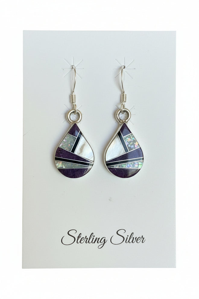 Mother of Pearl, Sugilite, Black Jade & Opal Pear Shape Earrings