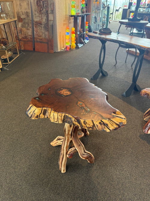 One-of-a-Kind Live Edge Mesquite End Table with Turquoise & Copper Inlay – Handmade in Arizona