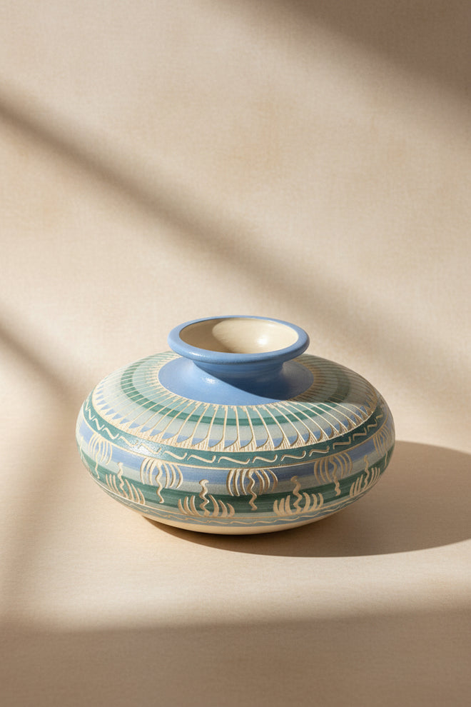 Navajo Carved Ceramic Vase by Cassandra King 4"H x 7.5"W
