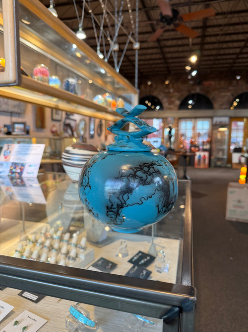 Turquoise Blue Horsehair Pottery Vessel with Lid
