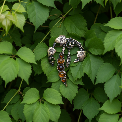 Sterling Silver Amber Pea Pod and Vine Brooch