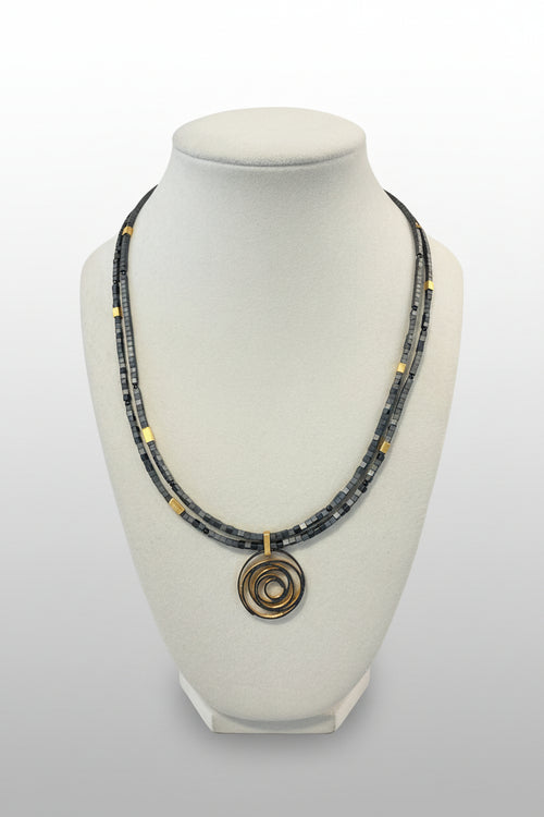 2 Strand Grey Hematite Beaded Necklace with Golden Pendent