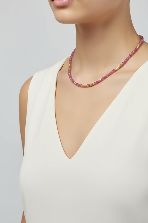 Pink Tourmaline Beaded Necklace - Accents of Gold