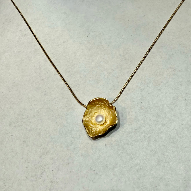 Gold Petal Pendent with Pearl - (Medium)