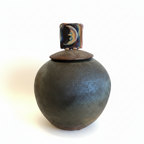 Raku Ceramic Pot with Half Moon Face on lid