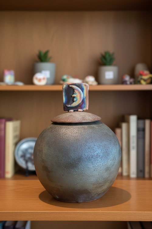 Raku Ceramic Pot with Half Moon Face on lid