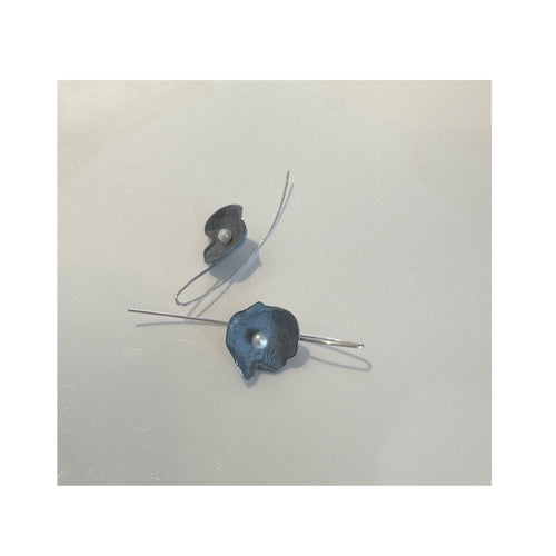 Oxidized Silver Petal Earrings with Pearl (Large)