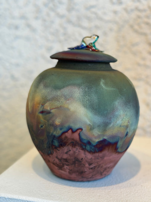 Raku Pot with Glass Frog on lid