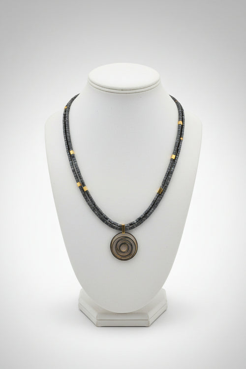 2 Strand Grey Hematite Beaded Necklace with Golden Pendent