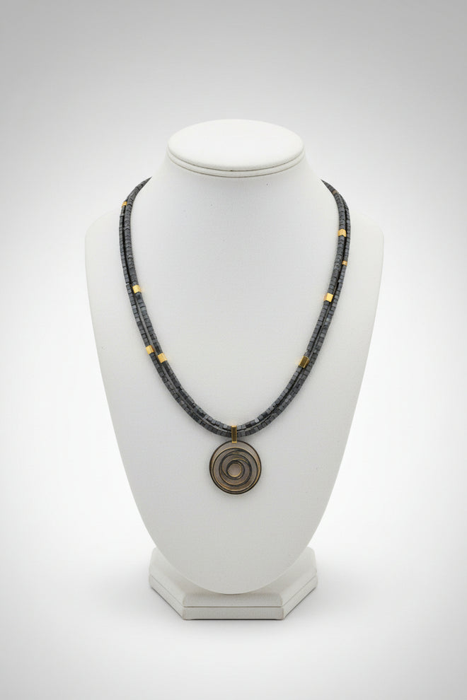 2 Strand Grey Hematite Beaded Necklace with Golden Pendent