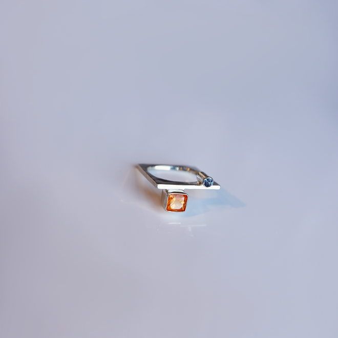 Spessartite Garnet & Sapphire Square Ring