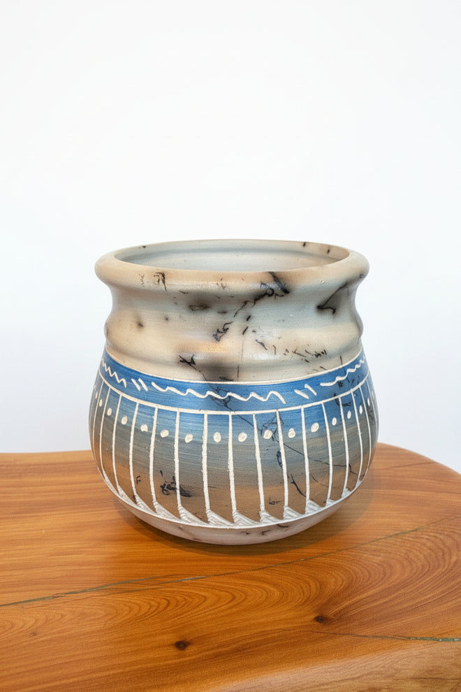 Navajo Carved Round Vase by Artist Larry Livingston