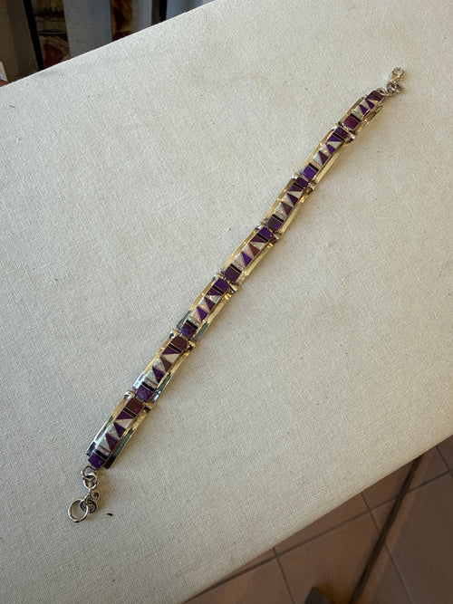 Sugilite, Mother of Pearl, Black Jade & Opal Stone Inlaid Rectangular Link Bracelet