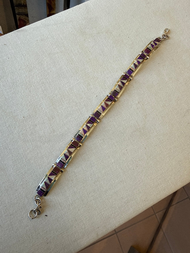 Sugilite, Mother of Pearl, Black Jade & Opal Stone Inlaid Rectangular Link Bracelet