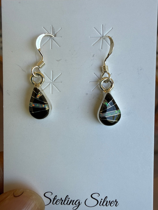 Small Black Jade & Opal Pear Drop Earrings